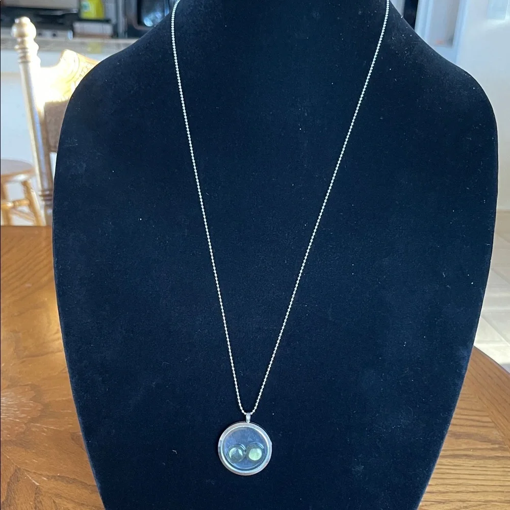 Round Silver Locket Necklace with Iridescent Blue-Green Orbs
